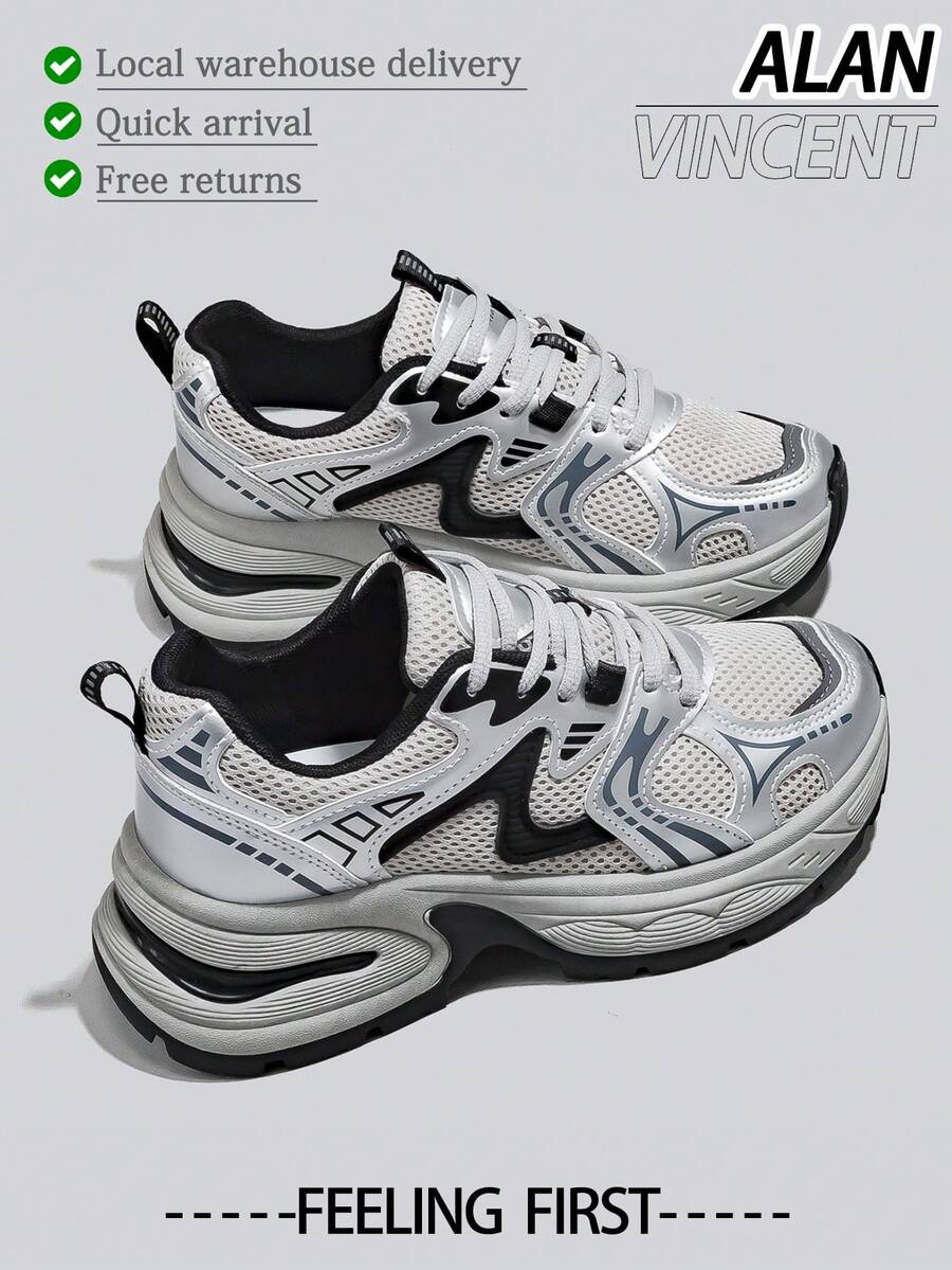 Alan Vincent[Free Returns And Exchanges][Local Delivery][Quick Arrival][City Sneaker Series]Women's Sneakers New Thick Soled Height-Increasing Women's Silver  Shoes Fashionable And Comfortable Soft Shoes Can Be Paired With Various Pants And Clothes Outdoor Sports Shoes Street Style Box Packaging - 銀色 - 查看 1