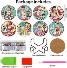 8Pcs Retro Housewife Diamond Art Coasters Kit, Vintage Coffee Diamond Painting Coasters With Holder, DIY Craf Art Coaster Kit For Home Dr - Bdwy234us - 查看 6