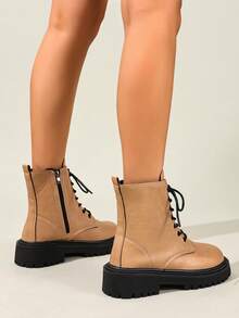 2025冬季新款女鞋，保暖冬靴，时尚百搭休闲女鞋，真皮踝靴，黑白系带侧拉链踝靴，平底女靴，女士踝靴，时尚女靴 - 卡其色 - 查看 5