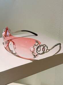 1 Pair Y2K Style Women's Fashion Glasses With Silver Snake Decor, Fashionable Oversized Wraparound Frame With Rhinestone Decoration, Women's Fashion Accessory - c4 雙粉紅XZ - 查看 6