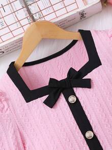 Set de 2 piezas de blusa con cuello cuadrado y moño y falda para niñas en otoño/invierno