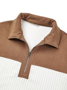 Men's Contrast Color Design Casual Crew Neck Sweatshirt - White Ribbed With Brown Splice, Thick Warm Pullover, Stand Collar Zipper Design, Suitable For Casual, Fashion, Simple, Versatile Outings And Commuting Long Sleeve Personalized Sweatshirt - White - View 4