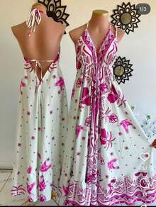 Dress Random Print Fabric Backless Beach - 玫紅色 - 查看 2