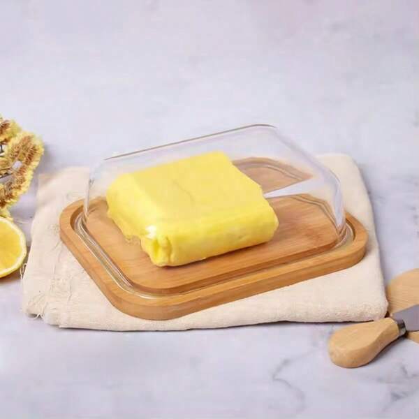 1 Piece Covered Bamboo Butter Jar, Butter Dish, Suitable For Refrigerator And Freezer - Kitchen Storage Container, Perfect For Use In Kitchens And Restaurants, Modern And Stylish Kitchen Utensils, Ideal For Storing Butter And Spreadable Condiments, Butter Storage.