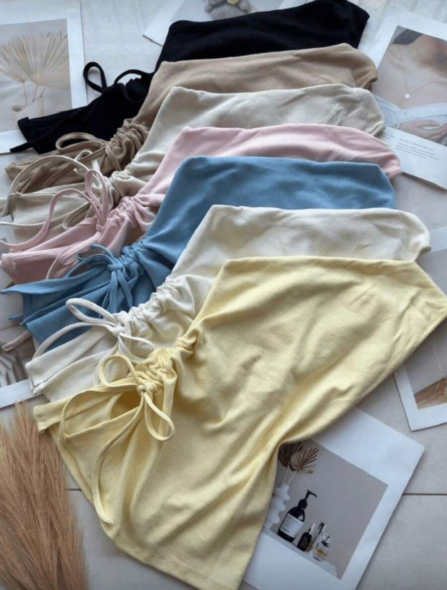Asymmetrical Draped Blouse, Summer Launch, Candy Color, Ribbed, Mule Sleeve, Simple Cut And Sew, Ruffle Hem, Beach - Màu be - Xem 1
