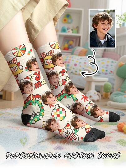 1 Pair Of Customized Face Children's Mid Tube Socks, Put Any Face On Socks,Boy And Girl, Personalized Socks For With Photos, Interesting Customized Picture Pairs With Medium To Long Socks, Suitable For Valentine's Day, Birthdays, Gift Giving