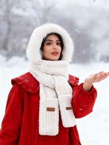 1Pc Women's Winter Warm Plush Hood, Scarf And Gloves Set, Winter Warm Scarf And Beanie Hat Set, Soft And Thick Warm Lining, Ear Protection, Striped Craft Beanie Hat, Foldable Design, Cross Neck Warm Hat, Solid Cartoon Bear Design Fluffy Hat Adds Fashion Sense And Cute Winter And Autumn Valentines Gift