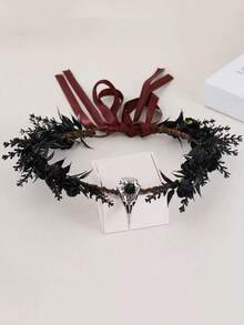 Corona de flores de elfo negro - Tocado de cráneo de cuervo gótico, diadema de bruja, halo de hada oscura, adecuado para estética de bruja, disfraz de Halloween, feria del Renacimiento, boda gótica, sesión de fotos