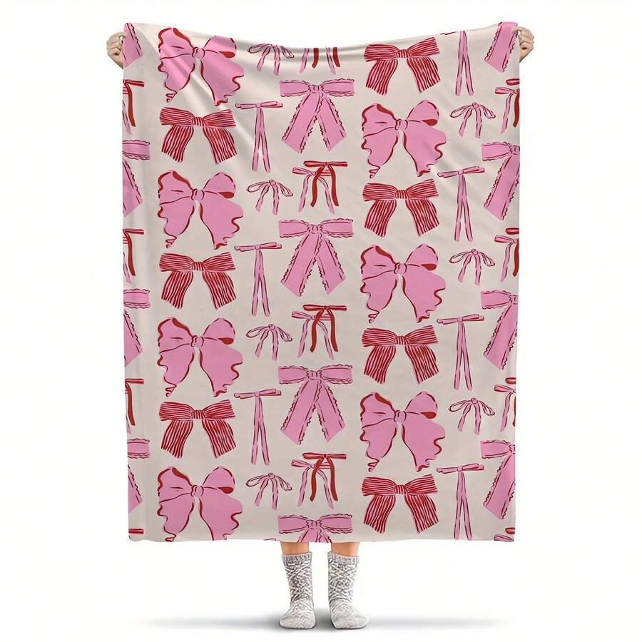 Pink Bow Patterned Fleece Blanket - 39.37x59.06inch, 51.18x59.06inch, 78.74x59.06inch - Soft, Comfortable, And Versatile For All Seasons