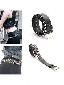 Women's Belt With Simple Rivet Punk Bullet Street Elegant - Black - View 7
