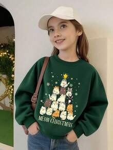 Tween Girl Crewneck Sweatshirt, Cute Cat Christmas Tree Graphic Casual Long Sleeve Top For Girls Holiday & School Wear. - Dark Green - View 7