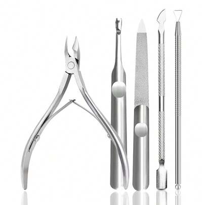 TWOING 5 件套不锈钢指甲钳和指甲刀，包括死皮推杆、指甲修剪工具、指甲锉、UV 指甲油去除剂 - 用于去除死皮和指甲产品的专业指甲护理工具