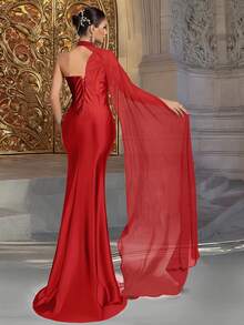 VIPGIRL Nuevo vestido de gala elegante y lujoso para mujer con cuello asimétrico rojo, fruncido en la cintura, parches de lentejuelas y diseño de hombros drapeados para fiestas de noche