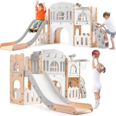 Toddler Slide Set,8-in-1 Toddler Slide Playset,Indoor Toddler Playground With Slide,Kids Slide Outdoor Play Includes Basketball Hoop,Climber,Crawling Tunnel,Toy Storage For Kids Ages 1-3,1PCS