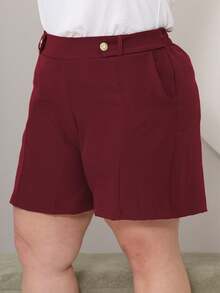 Plus Size Women's Shorts With Pockets And Buttons With Side Zipper And Elastic At The Back In Elegant Tailored Fabric - 酒紅色 - 查看 6