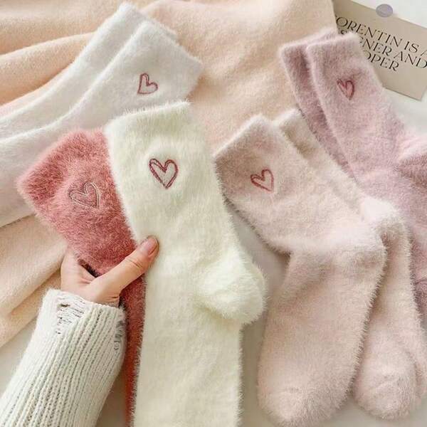 5 Pairs Of Heart-Shaped Embroidered Socks, Cute And Warm Fluffy Thick Floor-Length Socks, Suitable For Autumn And Winter, Women's Stockings And Socks