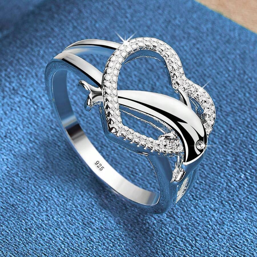 Nhẫn trái tim cá heo dễ thương mạ bạc Sterling 925 dành cho nữ Nhẫn đính hôn thời trang Phụ kiện trang sức cho phụ nữ Trang phục hàng ngày & Kỳ nghỉ, Quà tặng ý tưởng - Bạc - Xem 1