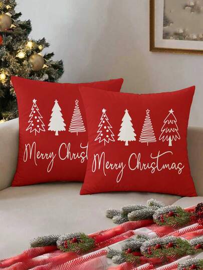 2 件圣诞树 2D 数码印花亚麻混纺枕套，圣诞节畅销品，圣诞装饰，圣诞礼物，防过敏涤纶材料，隐形拉链，无填充物，适用于家居装饰、客厅、抱枕套、靠垫套、沙发装饰、装饰枕头、家居装饰、靠垫套、软垫。