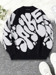 一件青少年男童时尚休闲舒适柔软针织毛衣，撞色设计，长袖，适合居家、通勤、上学、户外活动、派对、街头穿着，冬季适用。 - 黑色 - 查看 4