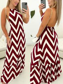 Women's Long Zig Zag Dress With Halter Neck And Back - 酒紅色 - 查看 2