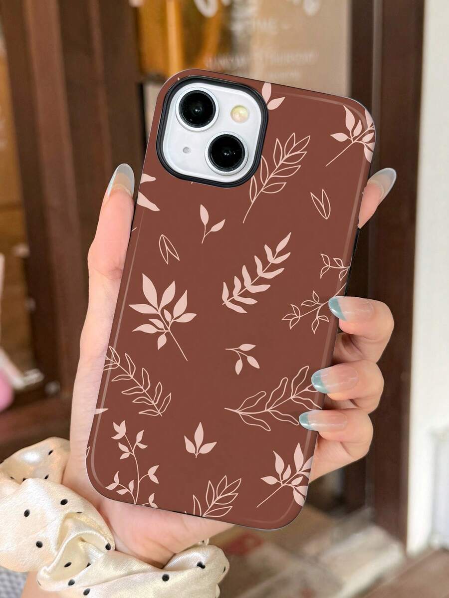 1pc Minimalist Fresh Line Leaf Pattern Glossy 2-In-1 Phirim Case Full Coverage Hard Phone Shell Compatible With Samsung/Compatible With IPhone 11/12/13/14/15/16/17 Pro Max - Multicolor - View 1