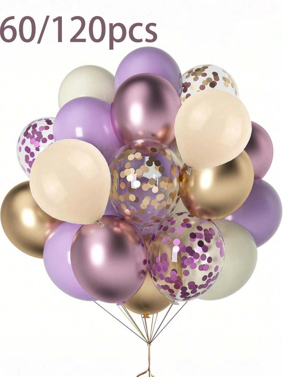 60/120 个紫色和金色气球 - 12 英寸金属薰衣草色和香槟色气球，带五彩纸屑，用于毕业典礼、婚礼、生日和周年庆典、迎婴派对、婴儿主题派对 - 彩色 - 查看 1