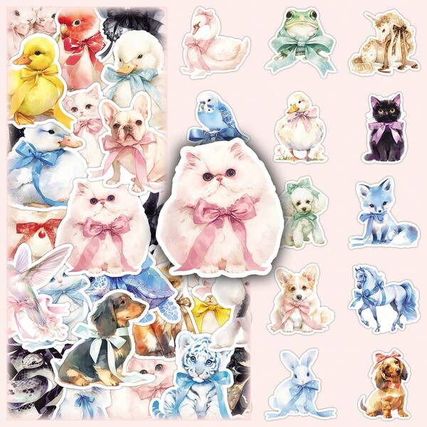50 peças de adesivos decorativos fofos de desenho animado com laço macio de animal, gato, cachorro para bagagem, copos, capas de celular