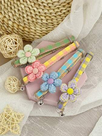 Cute Floral Bell Collar, Adjustable Plaid Pet Collar Suitable For Small Dogs Like Teddy, Poodle