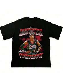 Refreshing Summer NBAs Star Ray Allens Iversons American T-Shirt Heavy Drop Shoulder Small Neckline Loose Cotton Basketball Short Sleeve T-Shirt - 黑色 - 查看 1