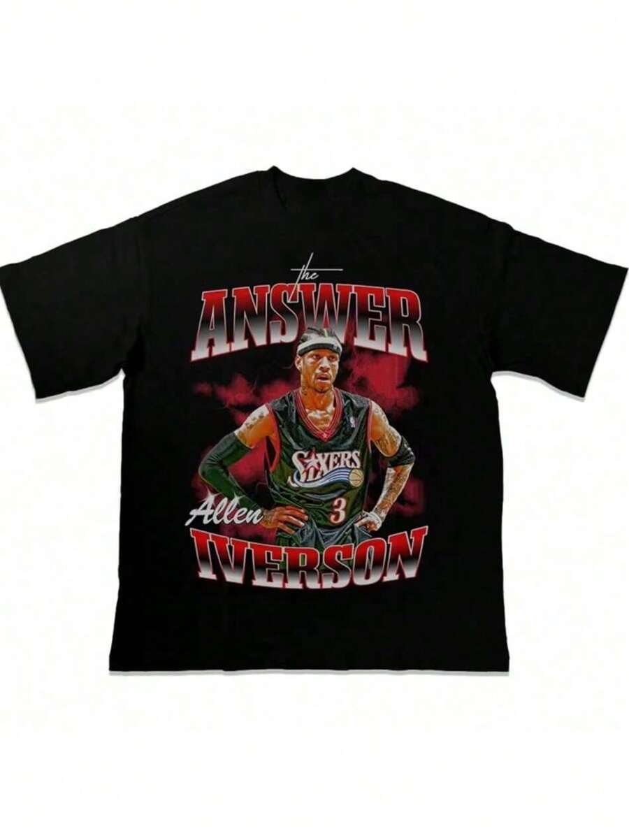 Refreshing Summer NBAs Star Ray Allens Iversons American T-Shirt Heavy Drop Shoulder Small Neckline Loose Cotton Basketball Short Sleeve T-Shirt - 黑色 - 查看 1