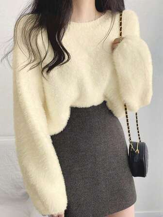 女式纯色马海毛圆领毛衣，秋冬