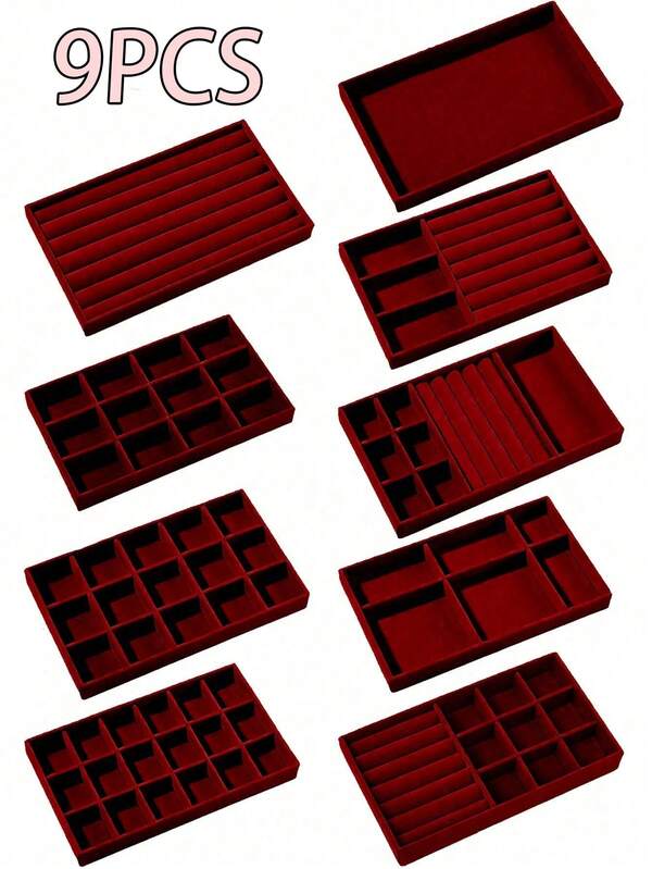 1 pieza, Bandeja de joyería de terciopelo burdeos, Caja de almacenamiento de joyería de gran capacidad, Compartimentos independientes, Soporte de exhibición de joyería apilable, Puede contener aretes, collares, pulseras, anillos, pasadores para el cabello, diademas, etc. Bandeja de joyería de terciopelo para el Día de San Valentín, Caja de almacenamiento de maquillaje