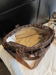 1 件豹纹灯芯绒女士手提包，时尚，大容量，多口袋，可拆卸可调节肩带，适合休闲、购物、旅行、商务、校园、派对、礼物 - 咖啡 - 查看 8