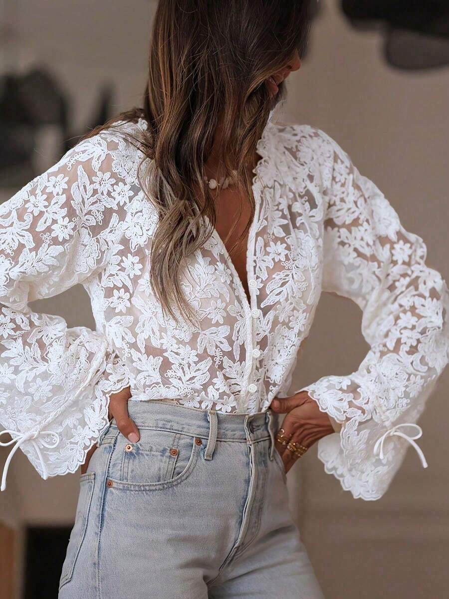 ii Plus Size Elegant Lace Front Button Flare Sleeve Blouse, Autumn