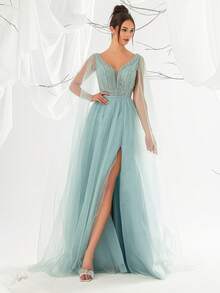 VIPGIRL Women's Elegant Ethereal Sequin Contrast Mesh High Slit Maxi Evening Gown - Blue - View 4