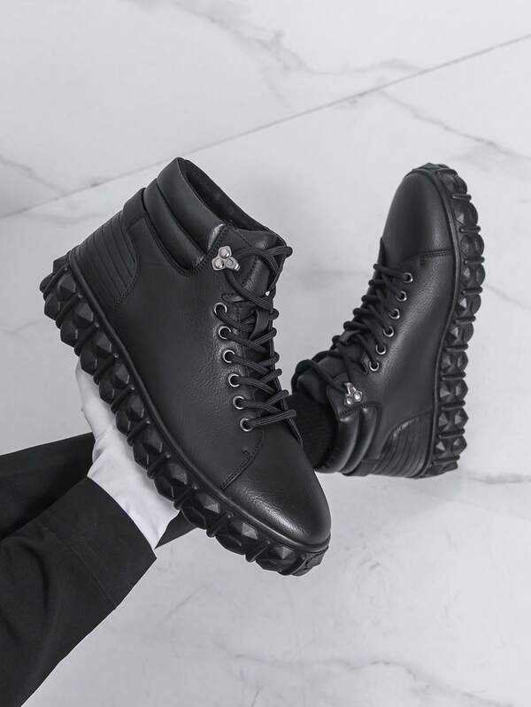 Men's Mid-Top Derby Boots, Thick Sole, Anti-Slip, Suitable For Outdoor, Business, Casual, Cycling