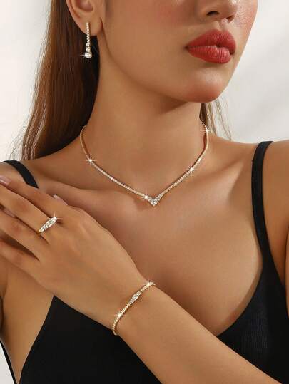 5 件套奢华锆石几何项链、耳环、手链、戒指首饰套装，优雅奢华的配饰，适合新女士日常通勤和新娘派对佩戴
