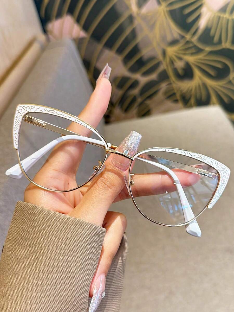 1 件装复古双色猫眼镂空优雅电脑眼镜，日常护眼，水钻闪亮时尚眼镜 - 彩色 - 查看 1