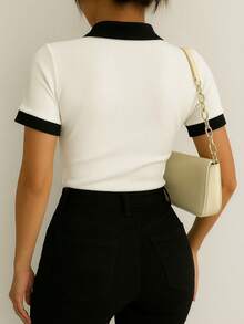 Women's Short Sleeve Cotton Polo Shirt - 白黑領 - 查看 3