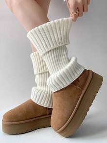 1双黑色/2双黑白时尚女士荷叶边宽松腿套，适合秋冬季节，舒适保暖