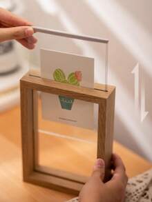 1pc Double-Sided Transparent Photo Frame, Tabletop Display Stand For Calligraphy, Paintings, Photos, Real Glass - Wood Color - View 3