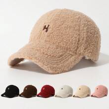 Classic Solid Color Faux Shearling Embroidered Letter Baseball Cap, Fashionable Outdoor Upgrade Women's Charm, Versatile Fluffy Baseball Cap, Embroidered Letter Casual Streetwear Party Cap, Polyester, Autumn/Winter