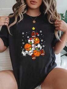 100% Cotton Sport Christmas Tree Football Soccer Baseball Basketball T-Shirt Christmas Women For Top - màu đen - Xem 6