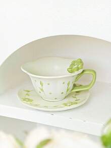 1 Set de taza de café y platillo con diseño minimalista, pintado a mano y con relieve de flor de ciruelo - Multicolor - Ver 7