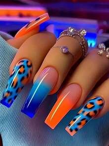 24Pcs Medium-Long Blue & Orange Leopard Print Nail Art Stickers, Removable Fashion Nail Wraps For Summer, Shiny Minimalist Elegant Fake Nail Strips Press On Nails Nail Supplies Nails - Orange - View 2