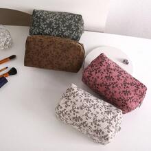 1pc Minimalist Floral Corduroy Cosmetic Bag, Portable Travel Organizer Pouch, Oxford Cloth Lining