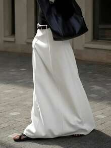 女士纯色休闲长裙，带口袋，百搭白色，春季款 - 白色 - 查看 2