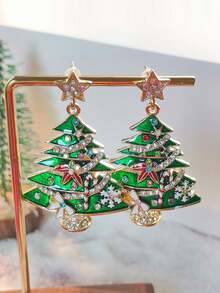1 Pair Christmas Decoration New Green Christmas Tree Colorful Christmas Earrings (Random Color Order Of Colored Zirconia Stones On Earrings)
