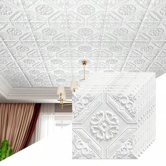 [Elegant 3D Tiles] 20/50pcs 3D Floral Ceiling Tiles Self-Adhesive Waterproof Wall Stickers, 13.78x13.78 Inches, Suitable For Bathroom And Bedroom Decor, Elegant White Design, Ceiling Decal Stickers, Elegant Wall Decals, Self-Adhesive Renovation Stickers, Bathroom Wall Stickers