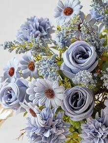 1pc/3pcs Artificial Flowers, Silk Rose, Daisy, Dandelion Bouquet, Suitable For Wedding, Home, Party Decor, Tabletop Centerpiece - Dusty Blue - View 8